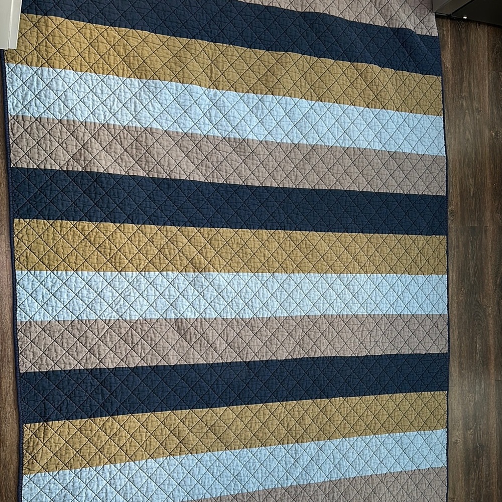 Pottery Barn Kids Striped Navy, Light Blue, and Olive Twin Quilt